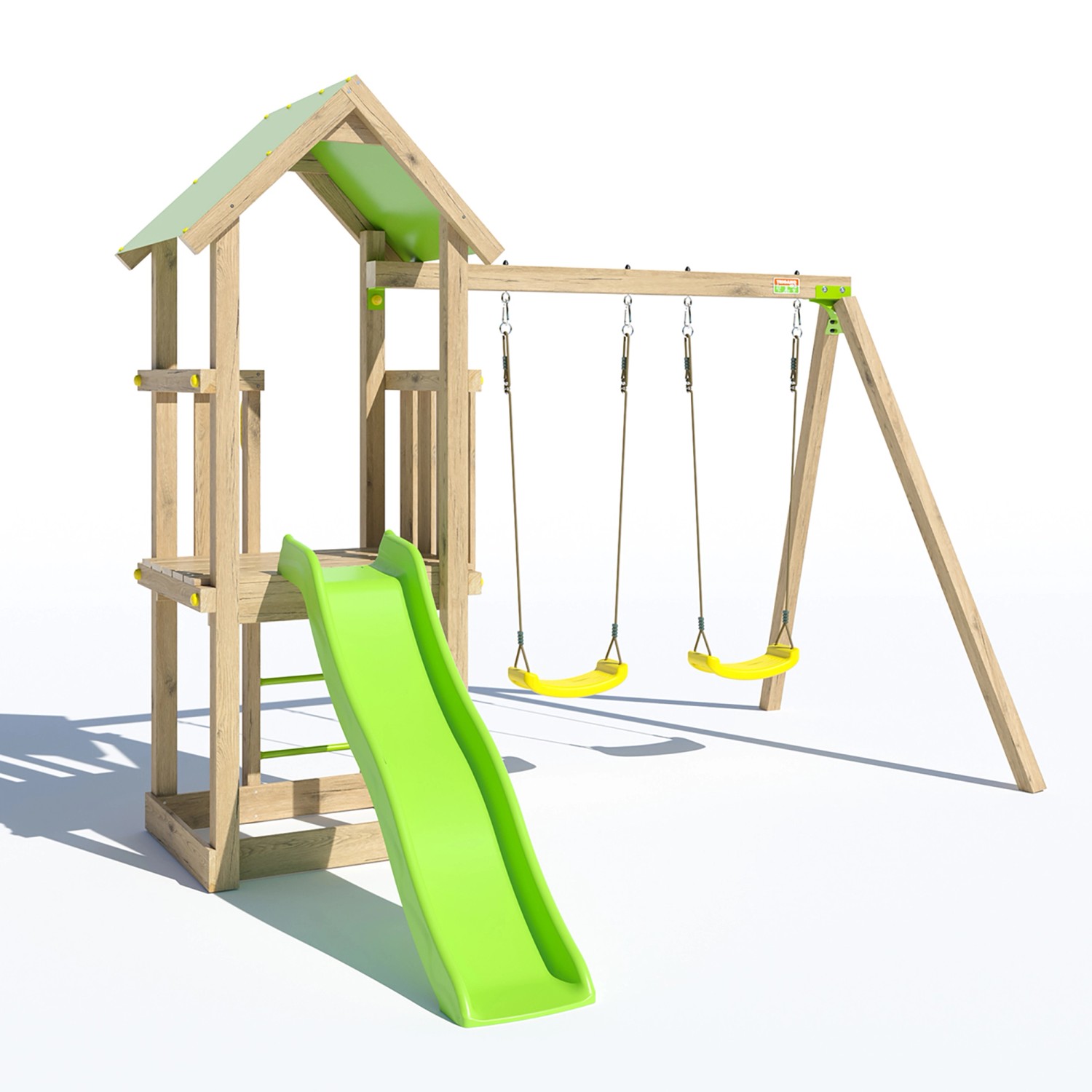 Trigano Spielturm Easy Xperience mit Rutsche, Schaukel und Sandkasten. Holz und grüne Elemente.