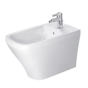 Weißes Duravit DuraStyle Stand-Bidet, 63 cm, mit Hahnloch und Überlauf.