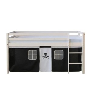 Kinderhochbett 90x200 weiß mit Leiter und schwarz-weißem Piraten-Vorhang.