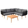 Moderne Garten-Garnitur mit L-Sofa, dunkelgrauen Polstern, schwarzem Seilgeflecht und Akazienholz-Tisch.