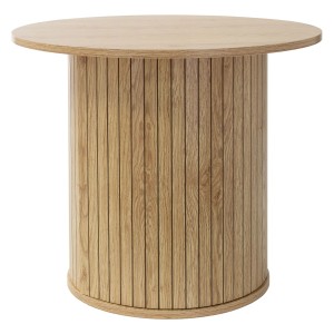 Runder Couchtisch in Holz-Optik Braun. Ø60 cm Tischplatte, zylindrischer Fuß mit vertikalen Lamellen. Modernes Design.