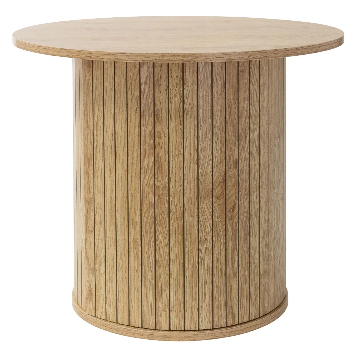 Runder Couchtisch in Holz-Optik Braun. Ø60 cm Tischplatte, zylindrischer Fuß mit vertikalen Lamellen. Modernes Design.