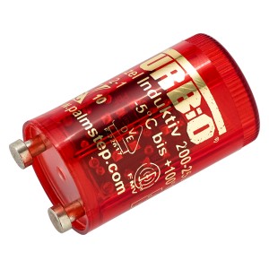 Roter, transparenter Starter für Leuchtstoffröhren, 200-250V, aus Kunststoff.