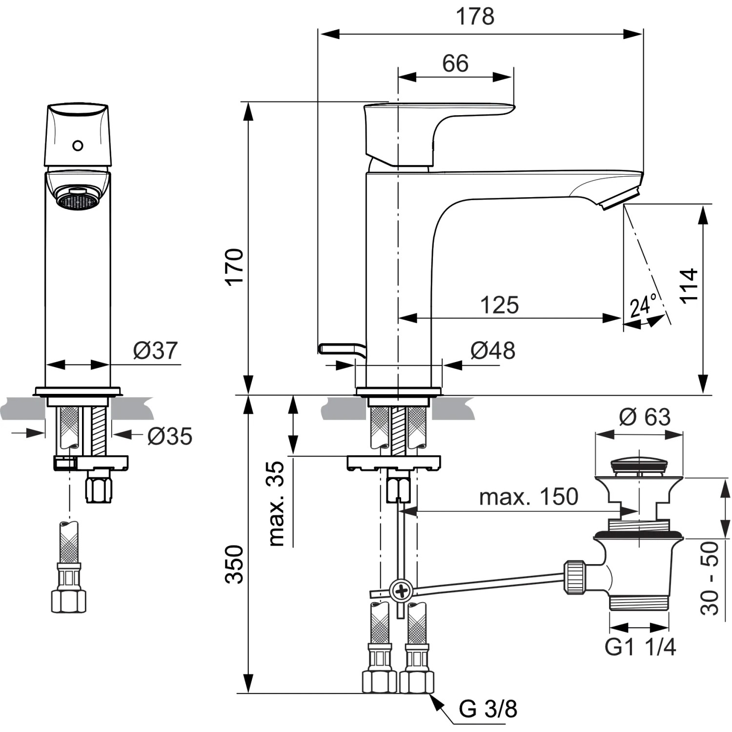 Technische Zeichnung: Ideal Standard Connect Air Waschtischarmatur, Gold gebürstet, Maße und Details.