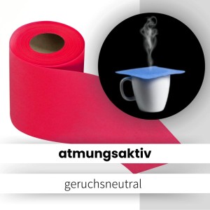 Pinker Sensalux Vlies-Tischläufer (15cm x 25m) mit Tasse im Hintergrund.