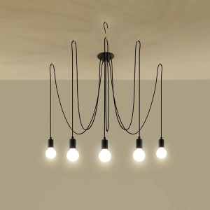 Schwarzer Sollux Lighting Edison 5 Kronleuchter mit fünf Leuchten und geflochtenen Kabeln.