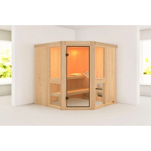 Karibu Sauna Anina 2 aus naturbelassenem Holz mit Glastür und Fensterelementen.