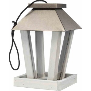 Siena Garden Vogelfutterspender aus Kiefernholz, grau, mit verzinktem Dach und Aufhängung.