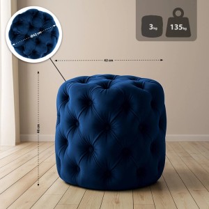 Blauer Samt Sitzhocker Drancy mit Chesterfield-Knopfheftung. Runder Polsterhocker, 42x46 cm, bis 135 kg.