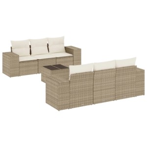 7-teilige Garten-Sofagarnitur aus beigem Polyrattan mit Kissen und Tisch.