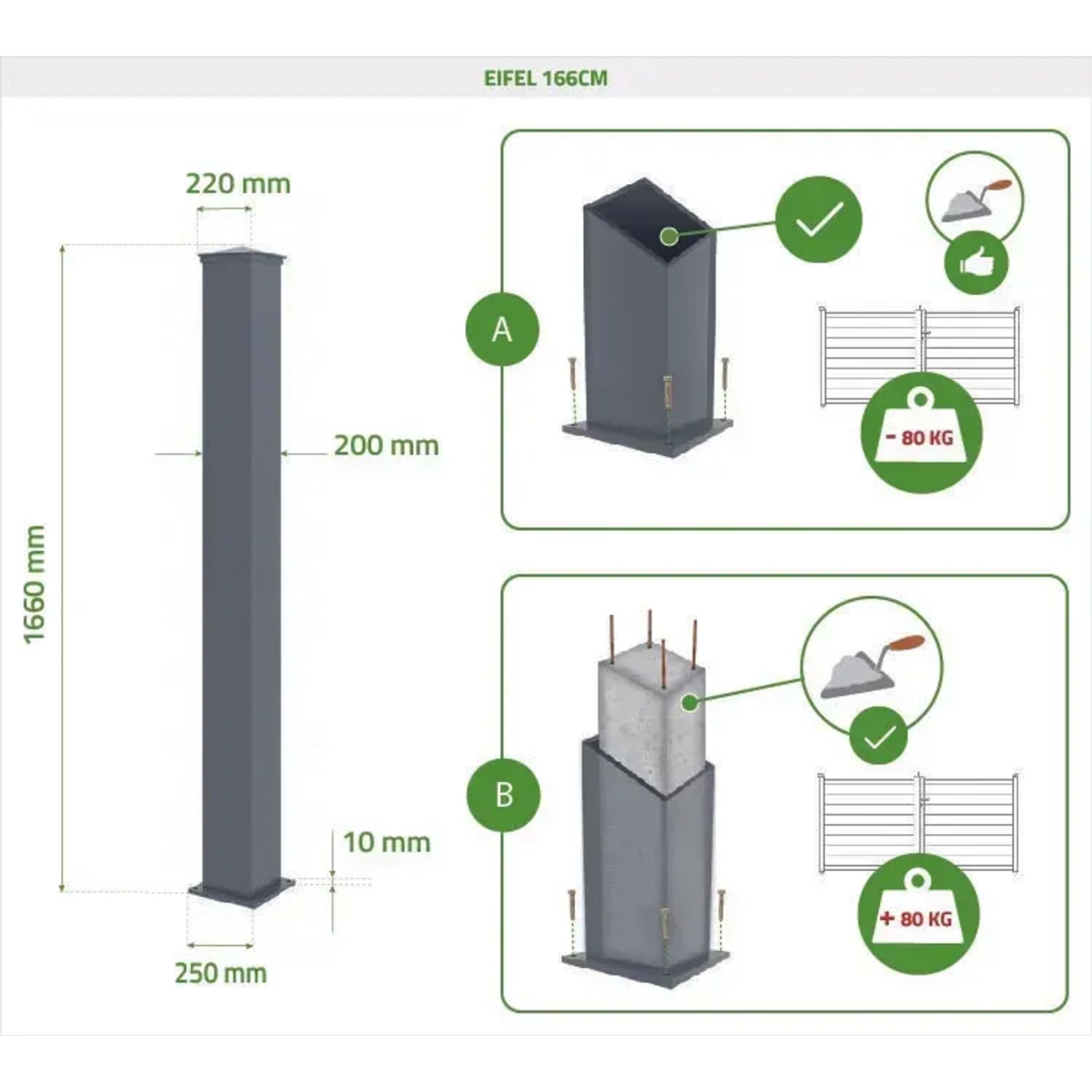 Montagehinweise für Casanoov Schiebetor Pfosten, 166 cm hoch, graues Aluminium.