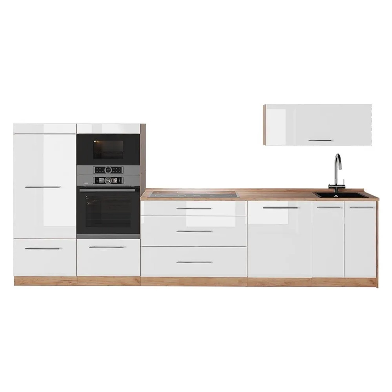 Vicco Küchenzeile Fame-Line Weiß Hochglanz/Goldkraft Eiche 340 x 154 ohne Arbeitsplatte Art Nr 64463