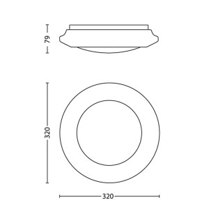 Technische Zeichnung der runden, weißen Philips myLiving LED-Deckenleuchte Cinnabar (Ø 32cm) mit Maßangaben.