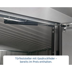 Detailaufnahme: Gasdruckfeder am Gerätehaus Euroline Flachdach von Hörmann.