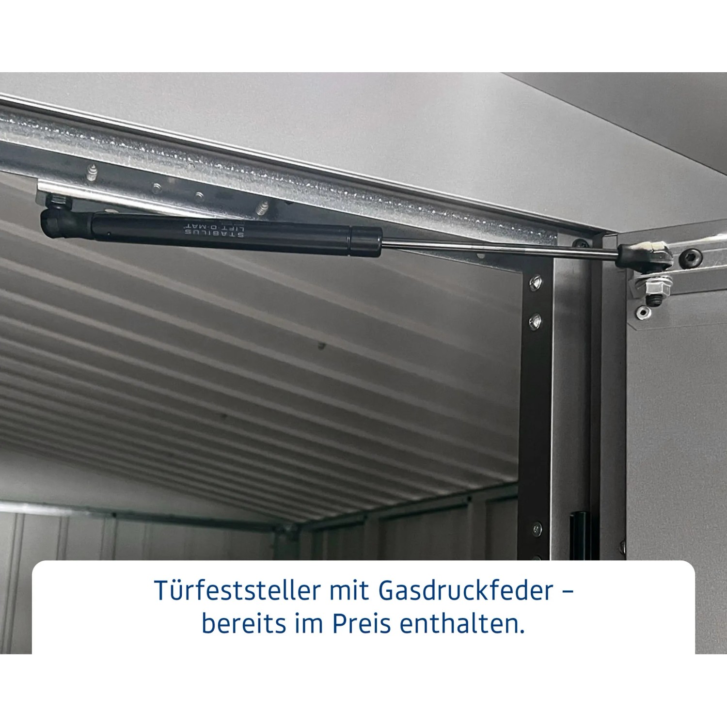 Detailaufnahme: Gasdruckfeder am Gerätehaus Euroline Flachdach von Hörmann.