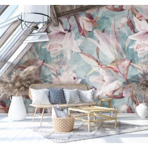 Marburg Fototapete Floral Modern Blau mit Blumenmuster in einem Dachzimmer.