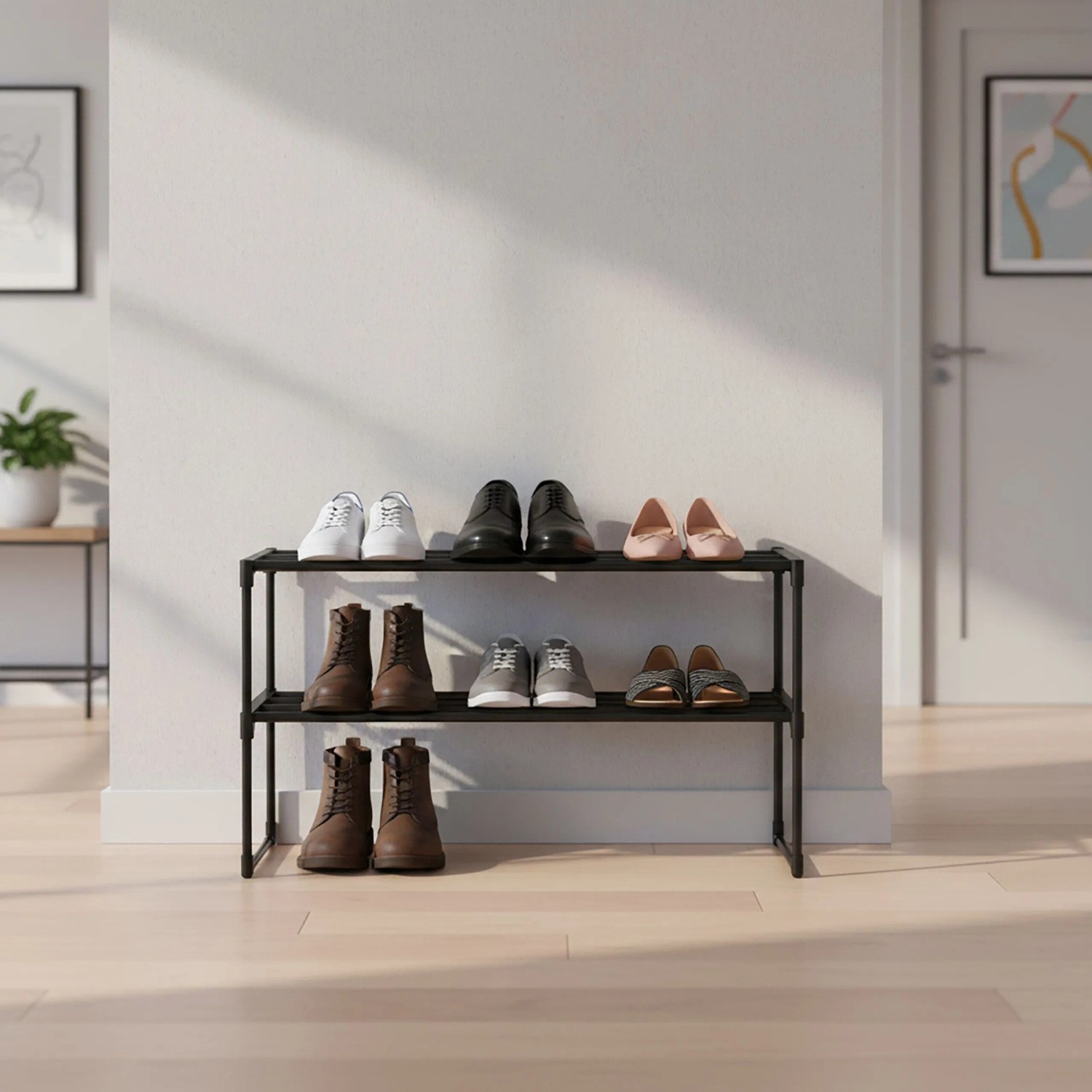 Relaxdays Schuhregal Metall Schwarz Stapelbar Stecksystem 4 Ebenen 72 cm x 117 cm x 30 cm_3