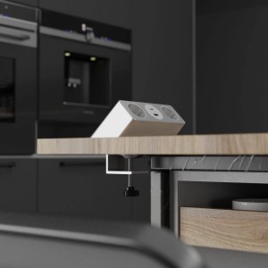 Kalb Nexura Tischsteckdose mit C-Klemme, 2x 230V, USB-A/C, 30W, silbergrau/weiß.