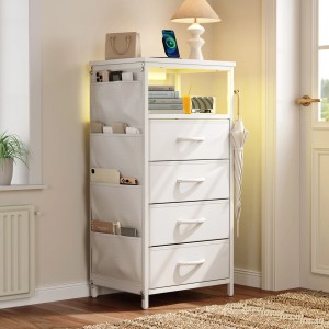 PXloue Kommode mit LED-Beleuchtung und USB Kunstleder für Schlafzimmer/Wohnzimmer Weiß