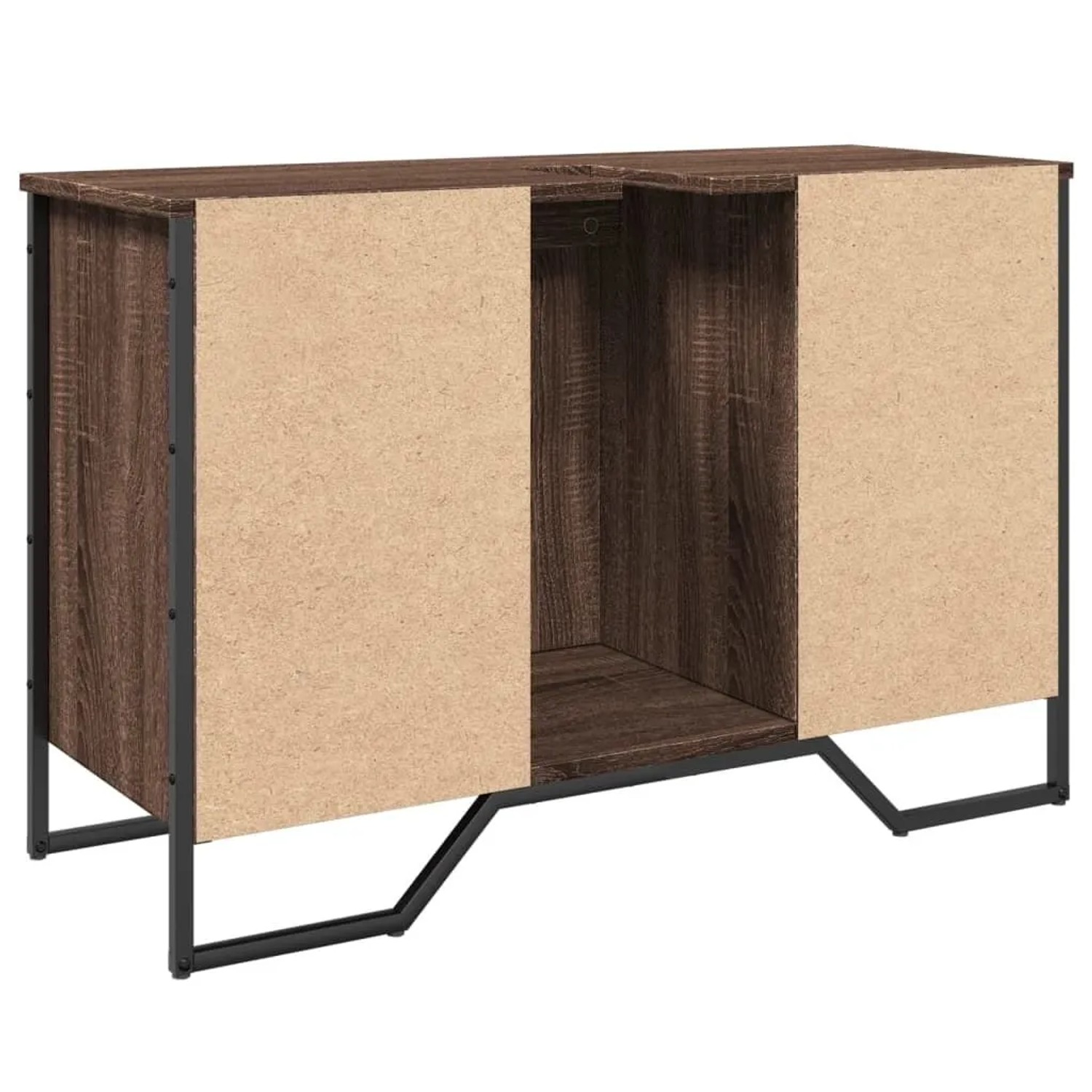 Brauner Waschbeckenunterschrank in Eichen-Optik aus Holzwerkstoff mit schwarzem Metallgestell und Aussparung für das Waschbecken.
