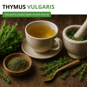 Frischer und getrockneter Thymian, Thymian-Tee in Tasse, Mörser auf Holztisch. Küchenkräuter Thymus vulgaris Samen.