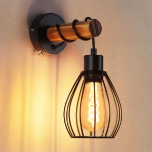Vintage Wandleuchte schwarz mit Holzbalken, E27-Fassung und Käfigschirm. Industrielle Wandlampe mit Schalter.