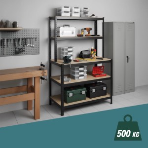 Relaxdays Schwerlastregal mit Werkbank Stahl MDF Schwarz Braun Höhenverstellbar 180 cm x 100 cm x 60 cm 15,2 kg