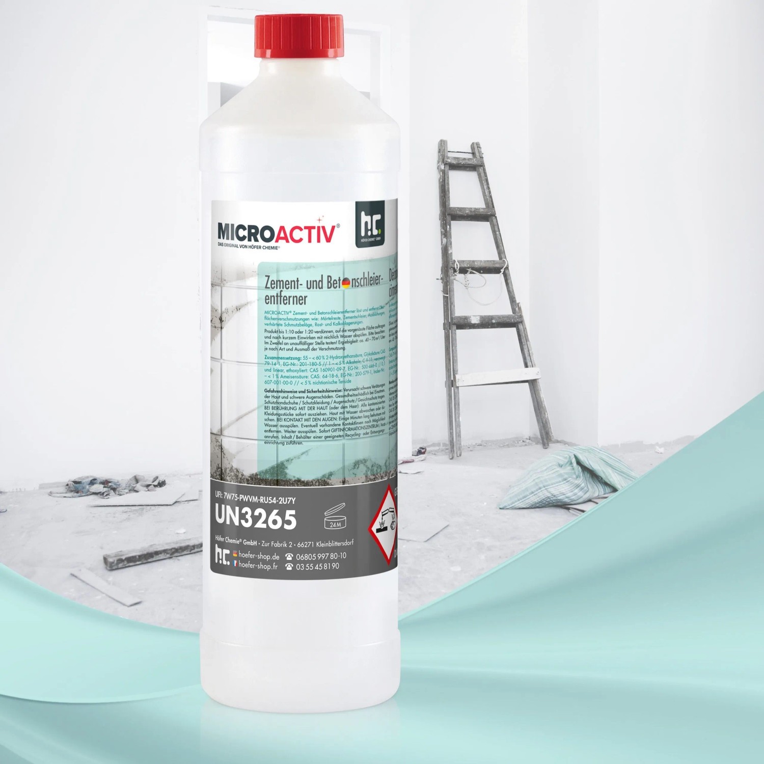 Flasche Microactiv Zement- und Betonschleierentferner 1l für die Reinigung im Innenbereich.
