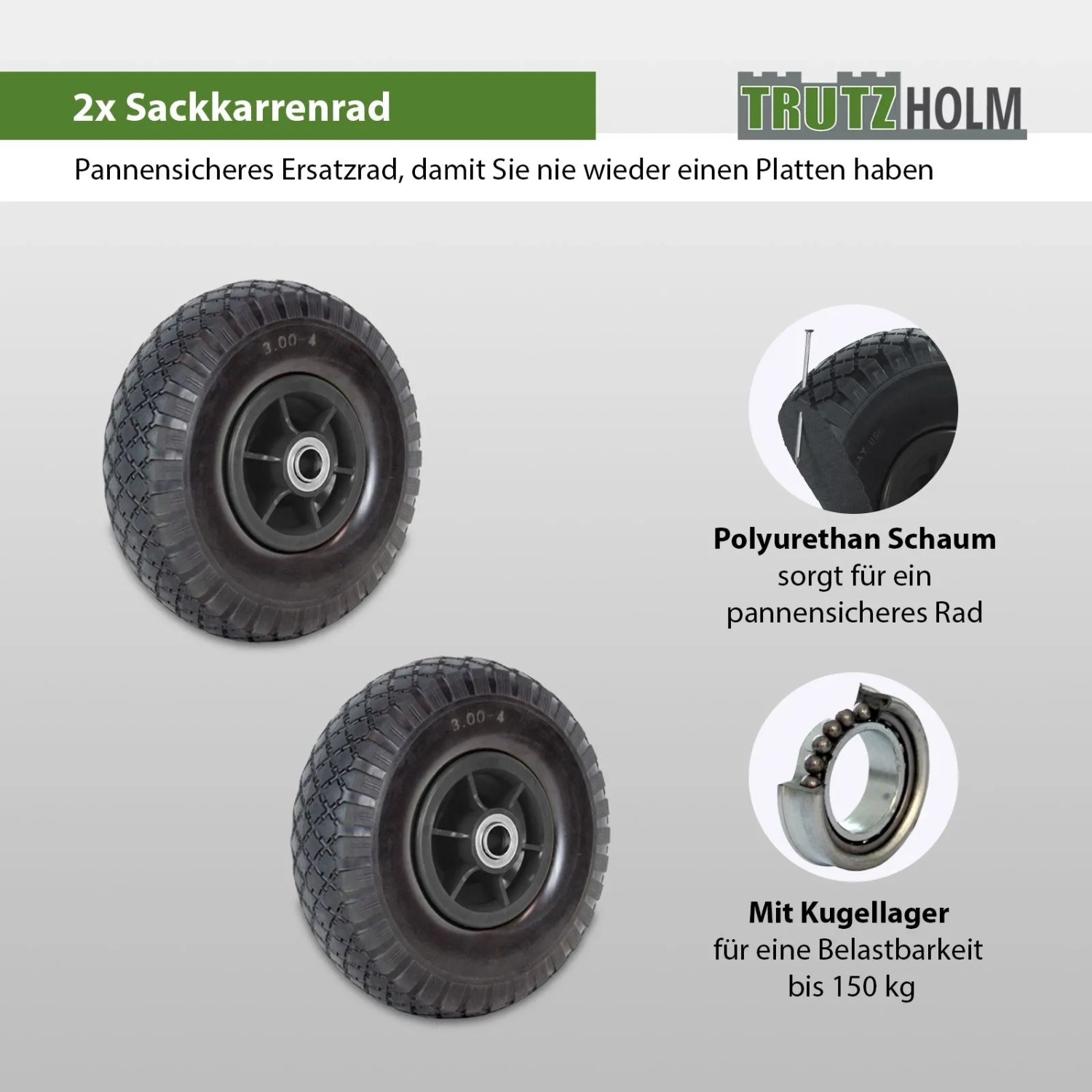 Relaxdays 2x Sackkarrenrad, pannensichere Vollgummireifen, 3.00-4 Zoll