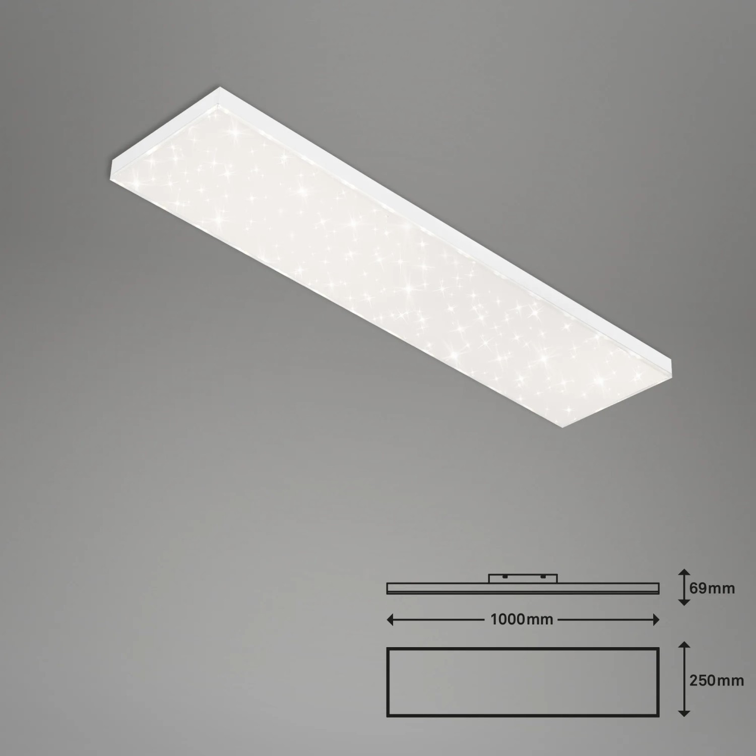 Weißes, rahmenloses Brilo LED-Panel mit Sternenhimmel-Optik, 100x25 cm. Dimmbar und CCT-Steuerung.