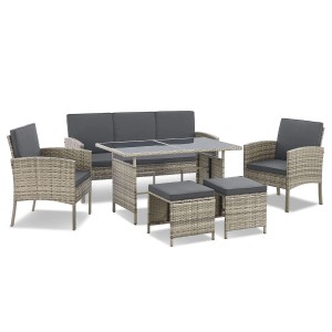 Grau melierte Polyrattan Gartenmöbel Sitzgruppe Turin mit Tisch, Bank, Stühlen und Hockern.