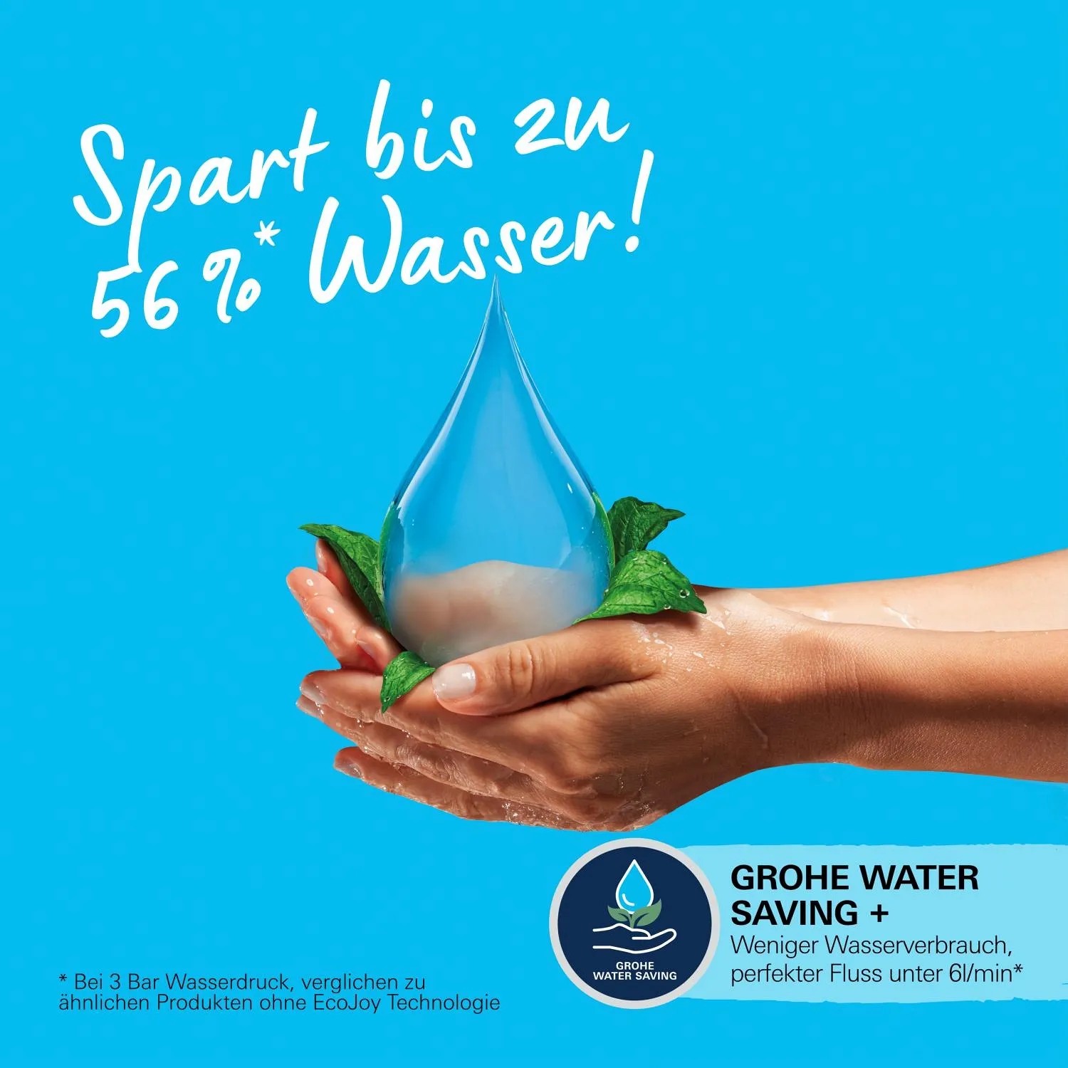 Grohe Duschbrause: Wassertropfen in Händen, Symbol für Wassersparen bis zu 56%.