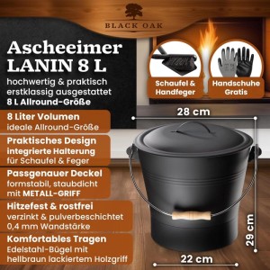 BLACK OAK Ascheeimer LANIN 8L mit Deckel, Schaufel und Besen. Metall Aschebehälter für Kamin & Ofen.