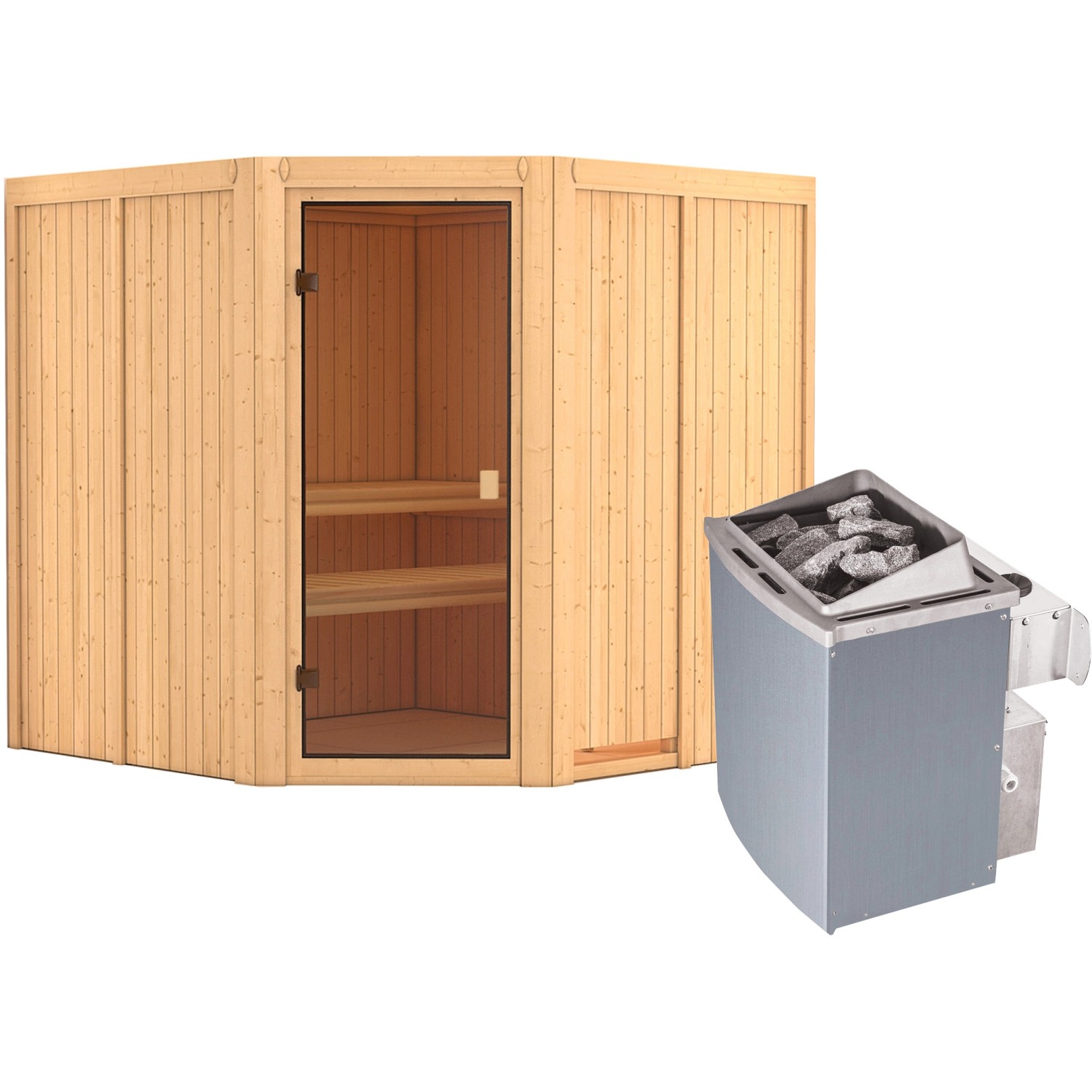 Karibu Sauna Kotka inkl. 9 kW Ofen mit integr. Strg., Glastür Bronziert günstig online kaufen