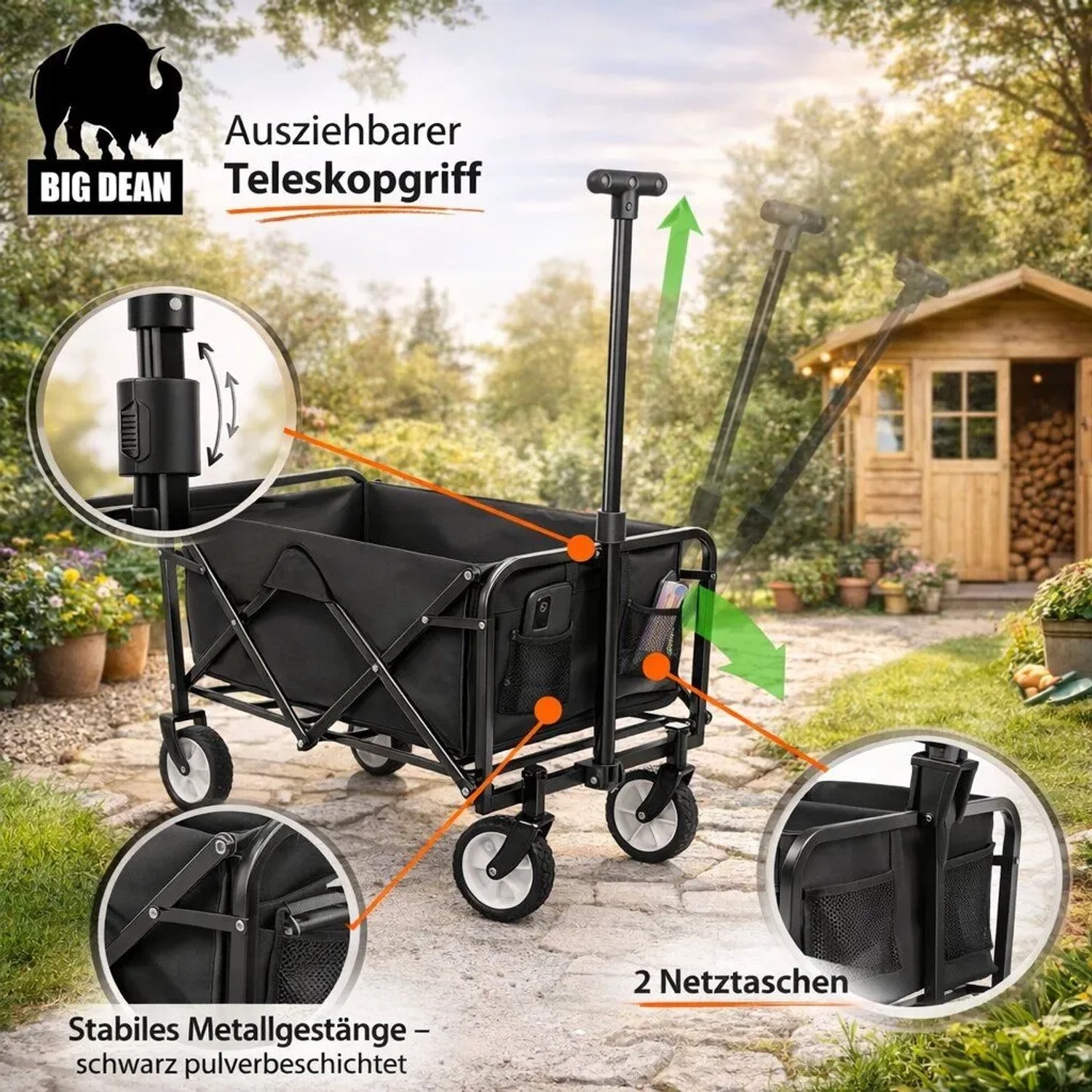 BigDean Bollerwagen Faltbar bis 80kg Schwarz Kompakter Transportwagen Klappbar Handwagen für Camping Einkäufe Garten Festival Ausflüge_4