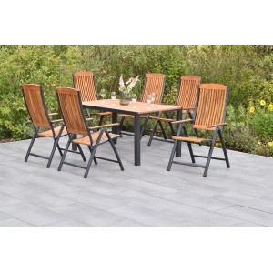 Merxx Athos 7-tlg. Gartenmöbel-Set mit Tisch (150x90 cm) aus Aluminium und Akazie für 6 Personen.