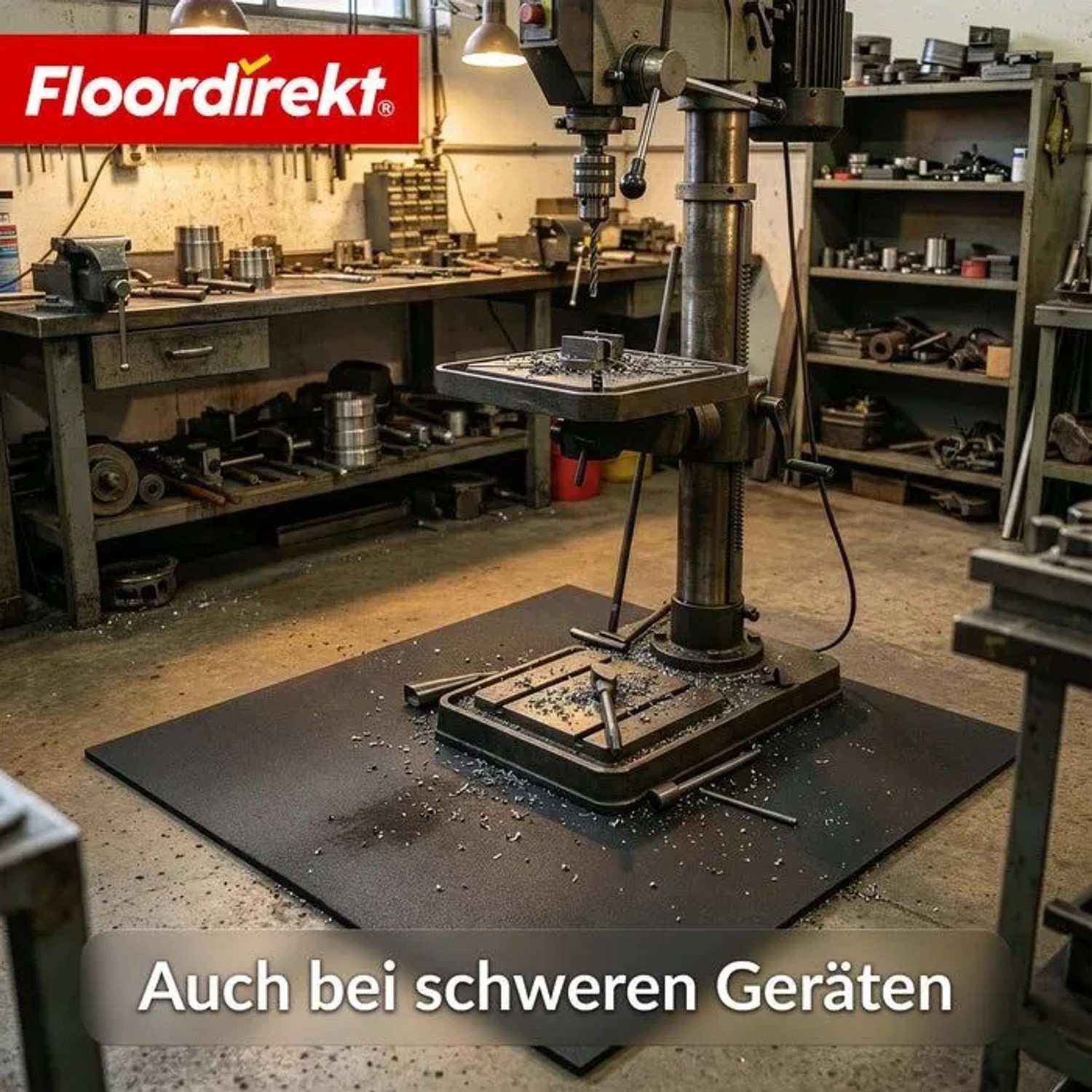 Schwarze Floordirekt Bodenschutzmatte unter einer Standbohrmaschine in einer Werkstatt.