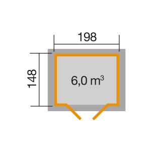 Grundriss Weka Gartenhaus 323 mit versetztem Satteldach, Maße 198x148 cm, Volumen 6,0 m³.