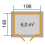 Grundriss Weka Gartenhaus 323 mit versetztem Satteldach, Maße 198x148 cm, Volumen 6,0 m³.