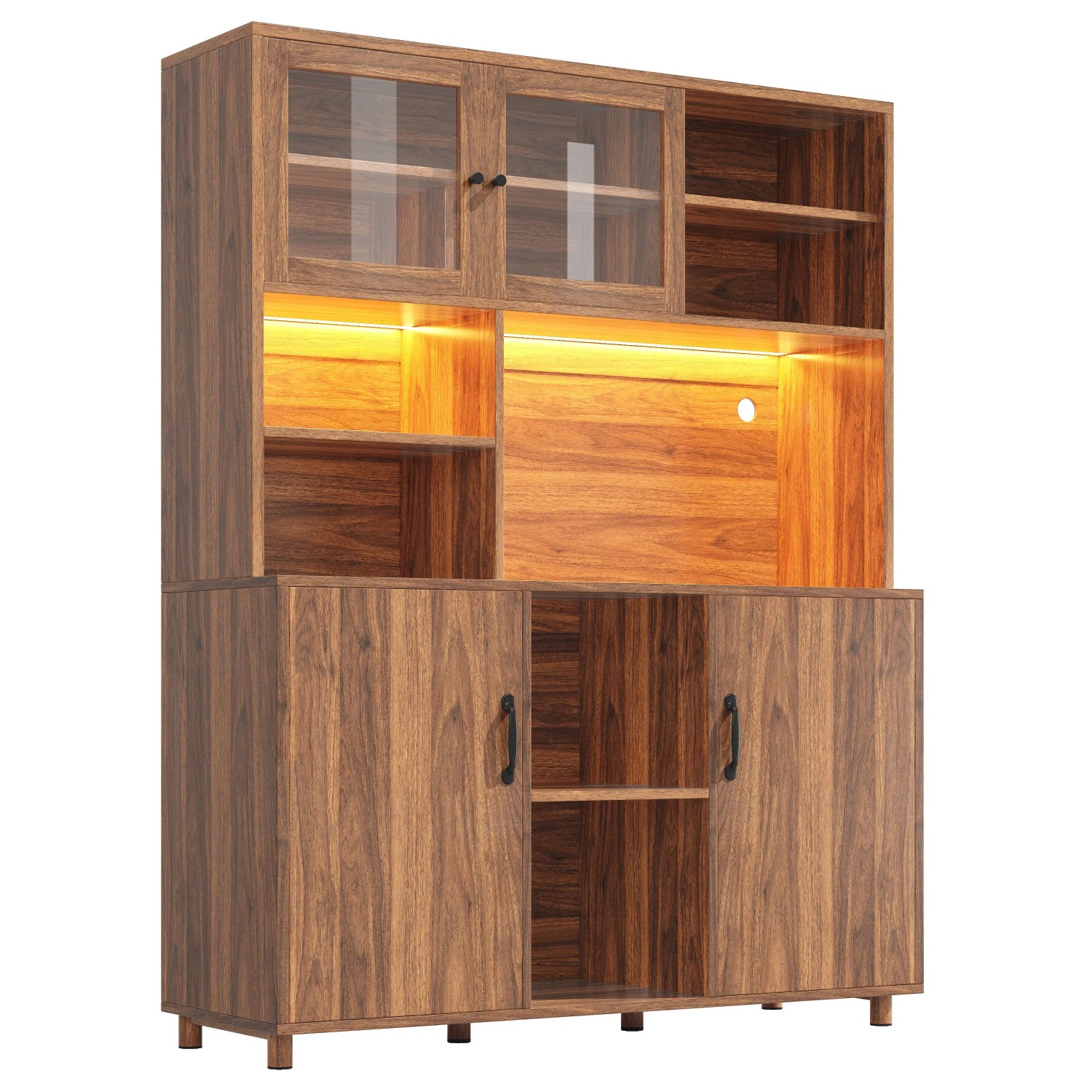 okwish Hochschrank mit LED-Beleuchtung Snackablage Küche 140 x 40 x 185 cm Braun
