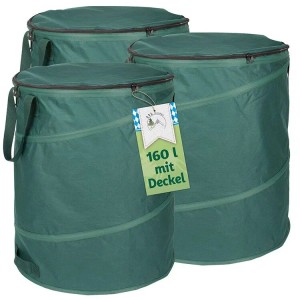 TTL GARDEN Pop Up Laubsack DELUXE 160 L 3er Set – 220 g/qm Gartensack Mit Deckel Tasche Selbststehend