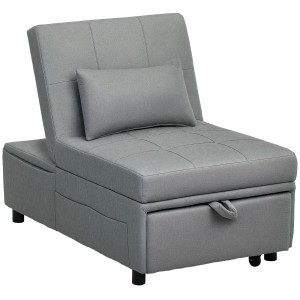Hellgrauer HOMCOM Schlafsessel mit Kissen, Seitentaschen und ausziehbarer Liegefläche.