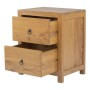 Heller Nachttisch Pilabo aus Mindi-Holz mit 2 leicht geöffneten Schubladen und dunklen Ringgriffen, rustikaler Stil.
