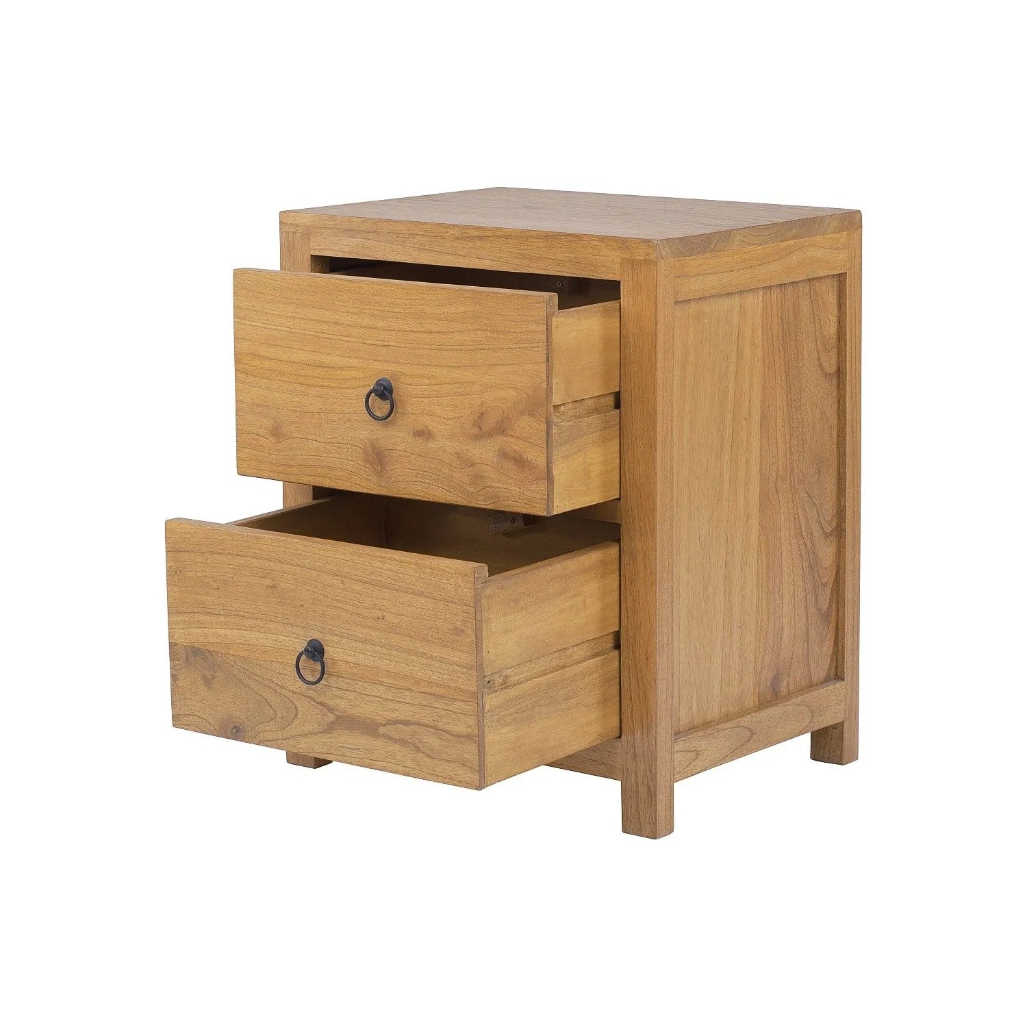 Heller Nachttisch Pilabo aus Mindi-Holz mit 2 leicht geöffneten Schubladen und dunklen Ringgriffen, rustikaler Stil.