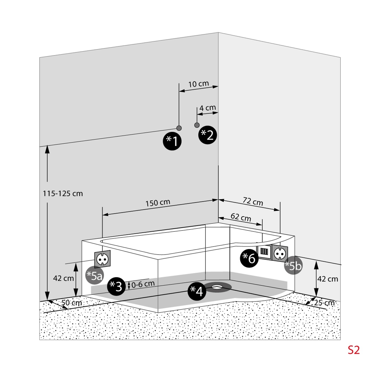 Skizze der AcquaVapore Whirlpool Dusche K50-L00-WP (170x100) mit Maßangaben zu Anschlüssen.