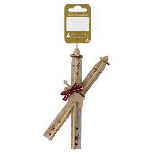 Deko-Skier aus Holz, 15 cm, Natur-Rot, mit kleinem Holz-Rentier und rotem Schal als Baumbehang.