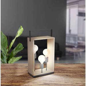 Eglo Tischleuchte Famborough, 3-flammig, schwarz-natur, Holzdesign mit Metallgriff und drei E27 Fassungen.