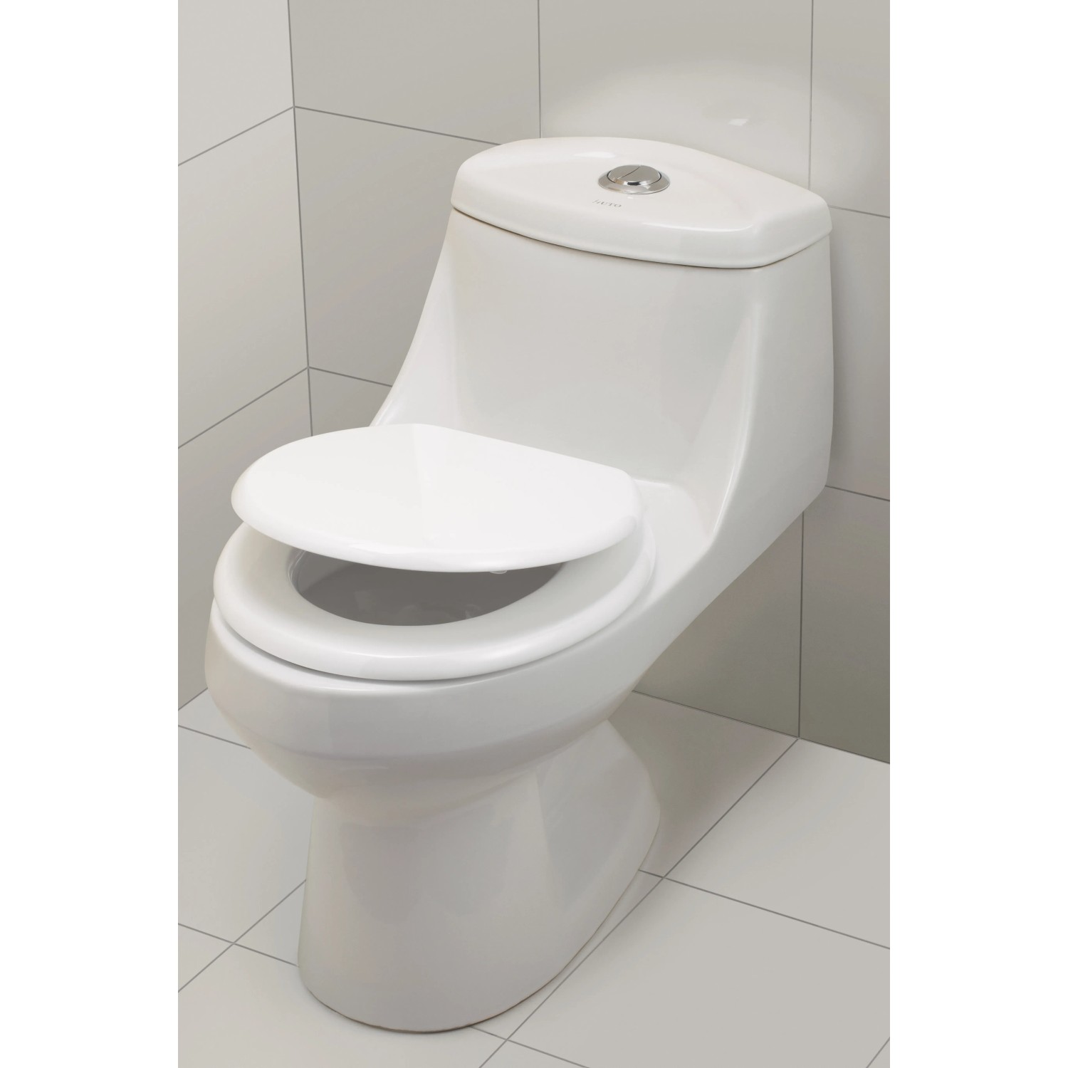 Weißer WC-Sitz Vipos mit Holzkern und robusten Kunststoffscharnieren.