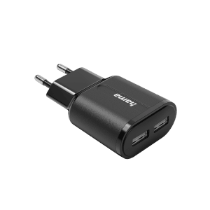 Schwarzes Hama Ladegerät mit 2 USB-A Anschlüssen, 12W, für Hausautomation.