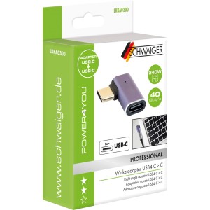 Schwaiger USB-C Winkeladapter LKKA0300 violett auf Verpackung. Kompakter 240W USB 4.0 Adapter für Computerzubehör.